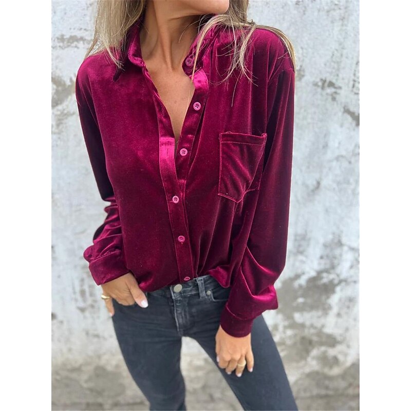 Women's Shirt Blouse Solid Color Basic Casual Long Sleeve Shirt Collar Regular Tops Daily Buttons Fuchsia Brown Green Fall Winter4