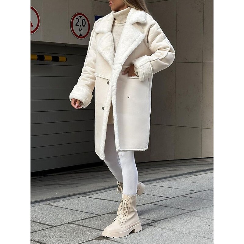 Women's Fleece Jacket Teddy Coat Warm Breathable Pocket Fleece Lined Casual Plain Vacation Street Daily Wear Going out Single Breasted Regular Turndown Regular Fit Long Sleeve Outerwear White Khaki4