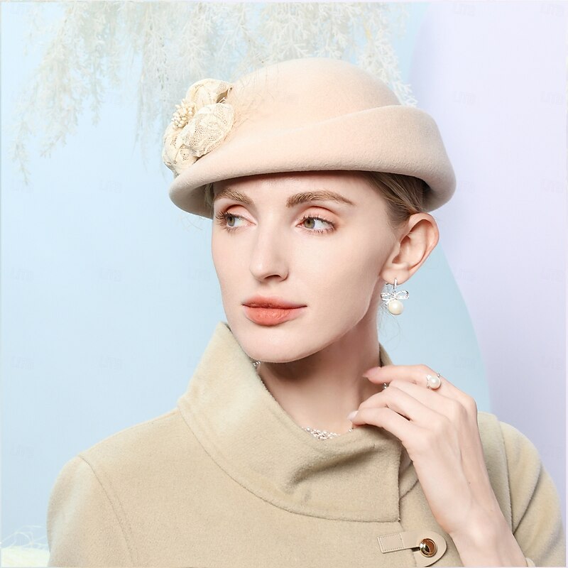 Hats 100% Wool Beret Hat Bowler / Cloche Hat Wedding Tea Party Elegant Wedding With Lace Side Splicing Headpiece Headwear3