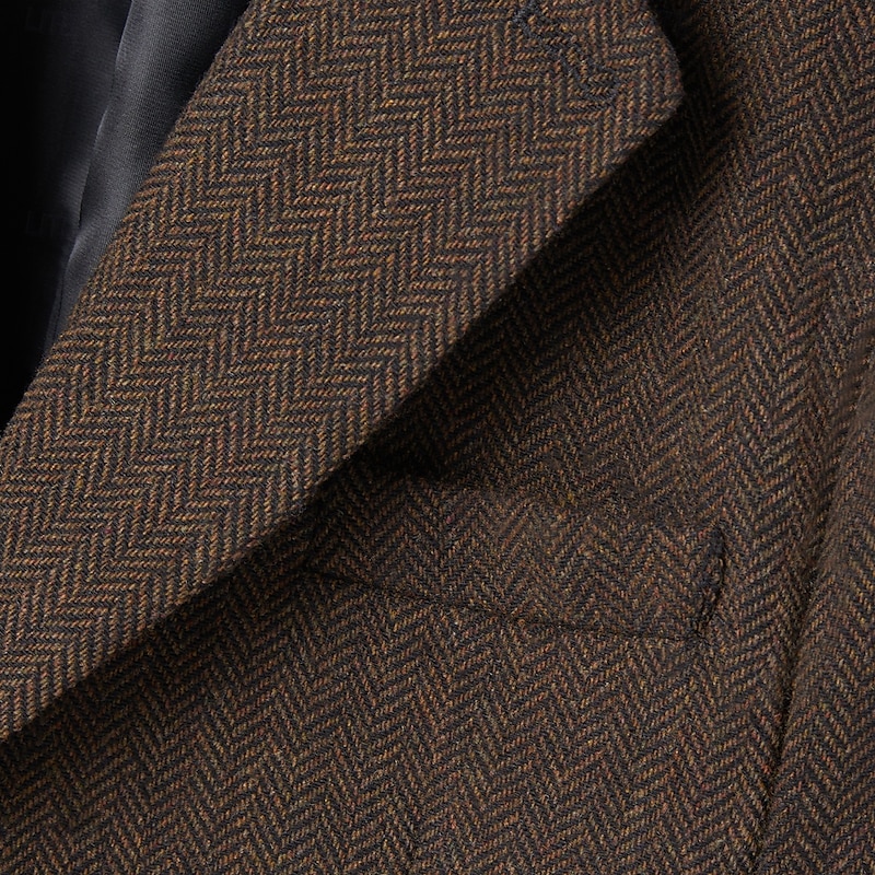 Men's Wedding Tweed Suits Brown Retro Vintage Herringbone Tailored Fit 3 Piece Single Breasted Two-buttons3
