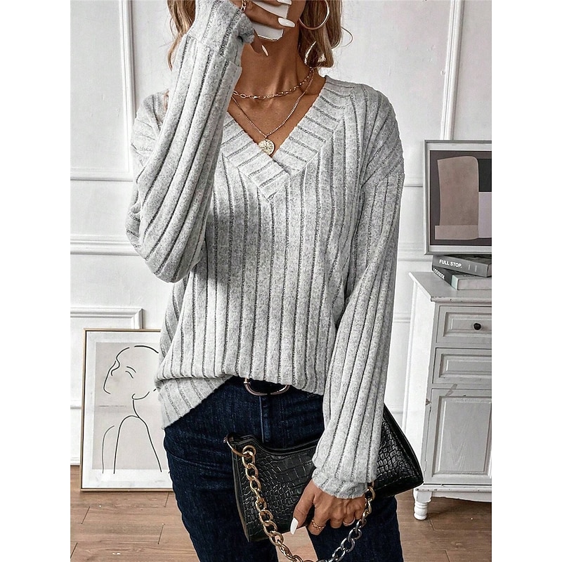 Women's T Shirt Plain Fashion Modern Casual Long Sleeve V Neck Regular Tops Daily Weekend Black Gray Fall Winter2
