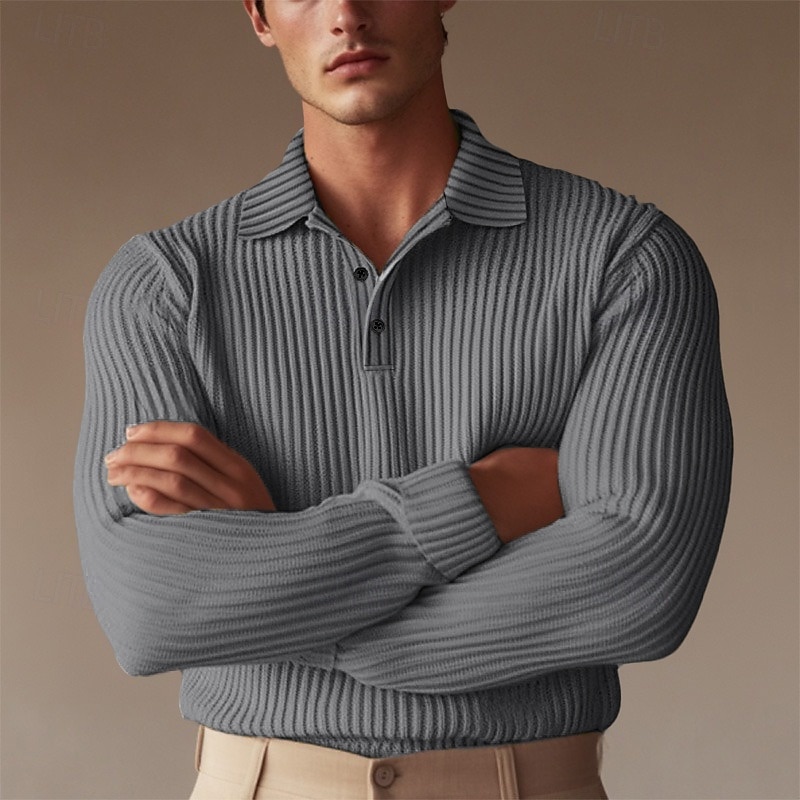 Men's Polo Shirts Muscle Shirt Formal Work Ribbed Polo Collar Long Sleeve Warm Basic Solid Color Buttons Spring Fall Slim Fit Black White Yellow Navy Blue Green Light Grey Polo Shirts3