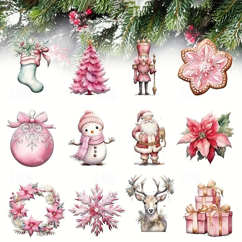 24pcs Christmas Wooden Pink Ornaments, Modern Love-Themed Pink Hanging Decorations for Xmas Trees, Perfect for Home Decor