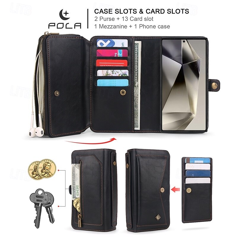 Phone Case For S24 S23 S22 S21 Ultra Plus S20 Back Cover Wallet Case Magnetic Zipper Card Slot Retro TPU PU Leather4