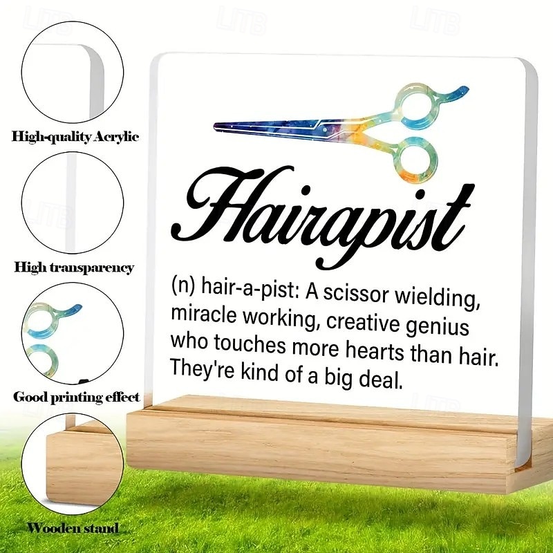 Acrylic Plaque with Wooden Base, Hair Stylist Definition Desk Sign, Creative Scissor Design, Appreciation Gift for Salon Professionals, Horizontal Display3