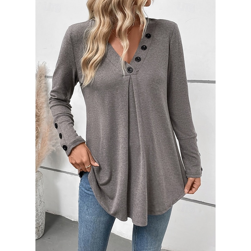 Women's Tunic Long Sleeve V Neck Buttons Gray Spring Fall Winter - Main Image