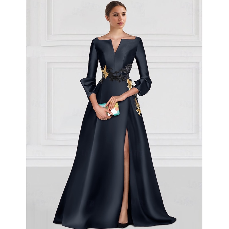 Red NavyEmbroidered A-Line Evening Gown Elegant Dress Formal Floor Length 3/4 Length Sleeve Boat Neck Satin with Beading Slit3