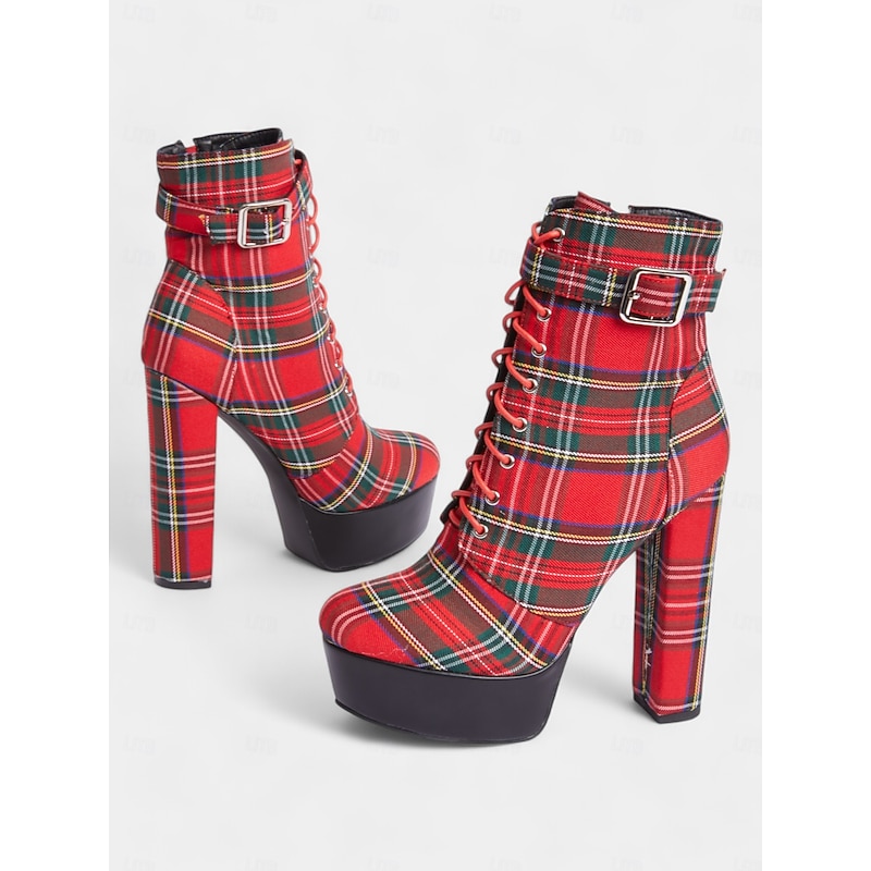 Women's Red Tartan Platform Ankle Boots - Chunky Heel Plaid Lace-Up Boots with Side Zipper for Punk and Alternative Fashion4