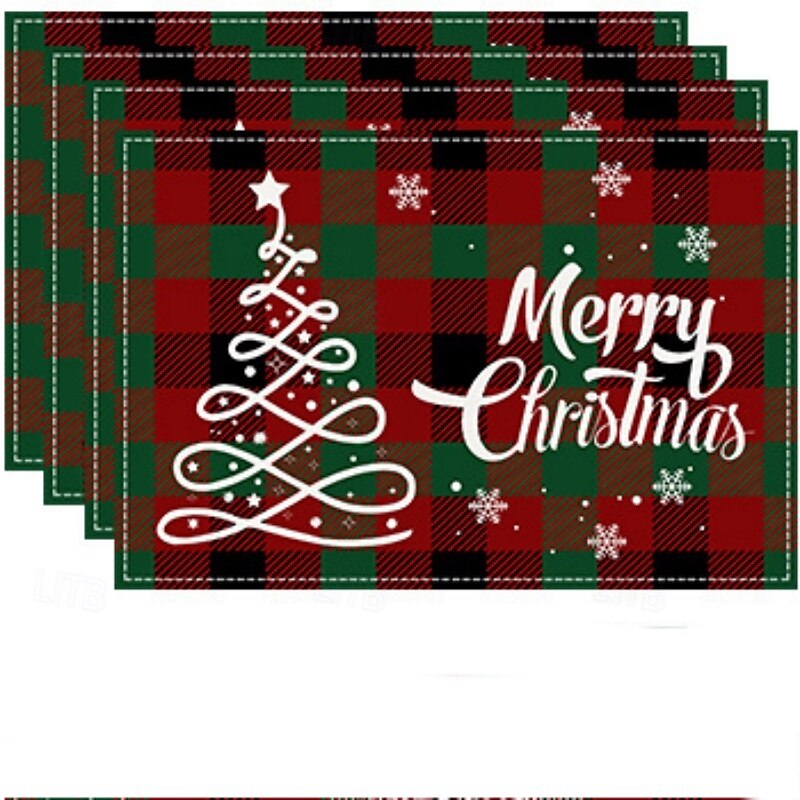 4 pcs Christmas Linen Placemats, Winter Santa Claus Letter Printed Table Mat, Christmas Restaurant White Linen Placemats, Living Room Dining Table Decoration, Insulated Table Mat4