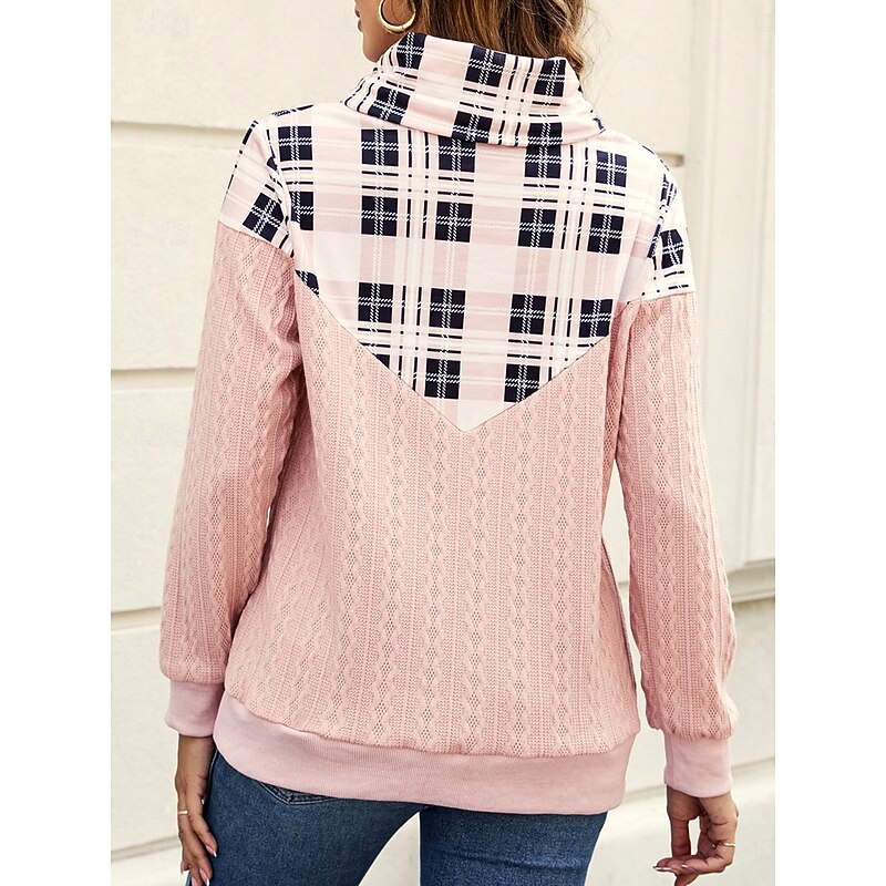 Women's Sweatshirt Casual Plaid Street Dailywear Pile Neck Print Long Sleeve Pink Green Gray Fall Winter2