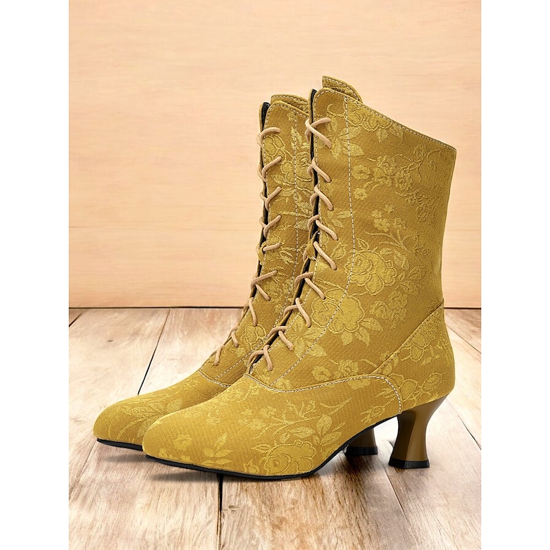 Women's Vintage Floral Lace-Up Ankle Boots with Mid Heel – Elegant Jacquard Boots for Retro Style and Special Occasions2