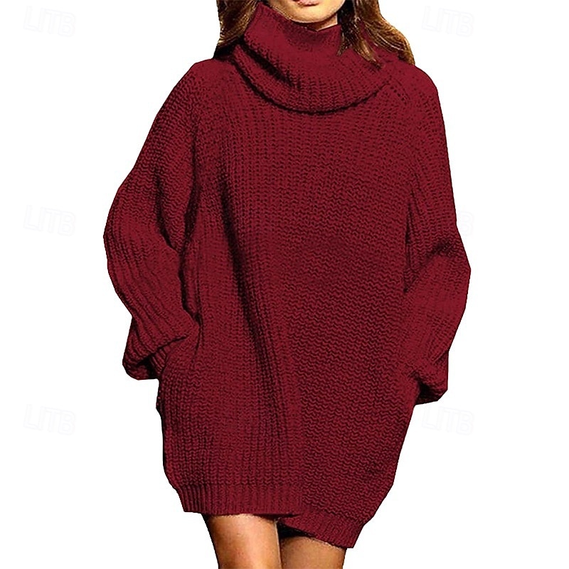 Women's Sweater Dress Casual Solid Color Turtleneck Knitted Long Sleeve Regular Tops Knit Daily Weekend Black Red Fall Winter2
