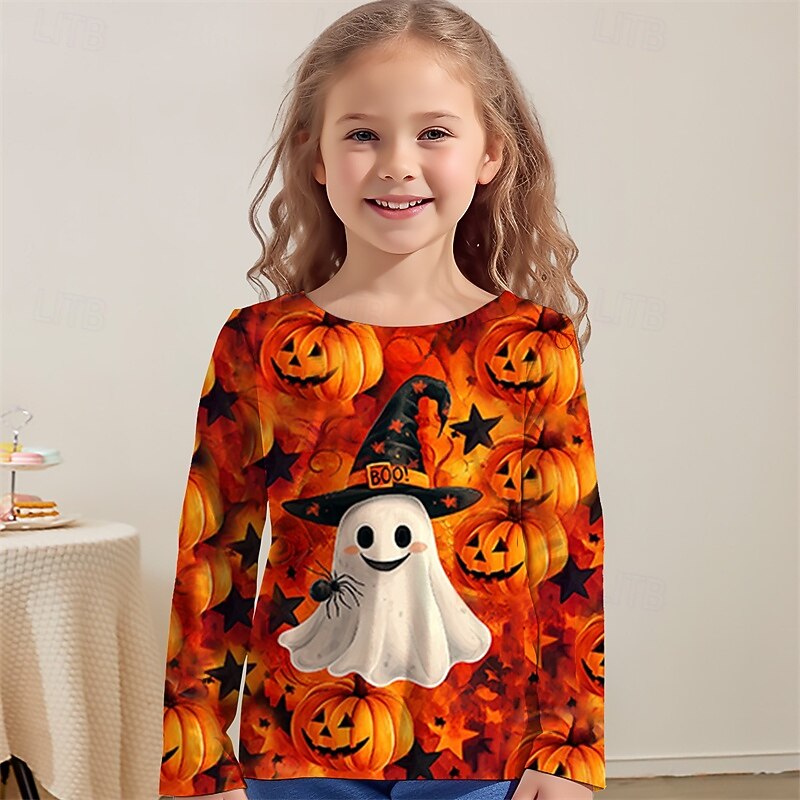 Halloween Girls' 3D Graphic Pumpkin Ghost T shirt Tee Long Sleeve Spring Fall Fashion Basic Kids 4-12 Years Crew Neck Outdoor Casual Daily Regular Fit