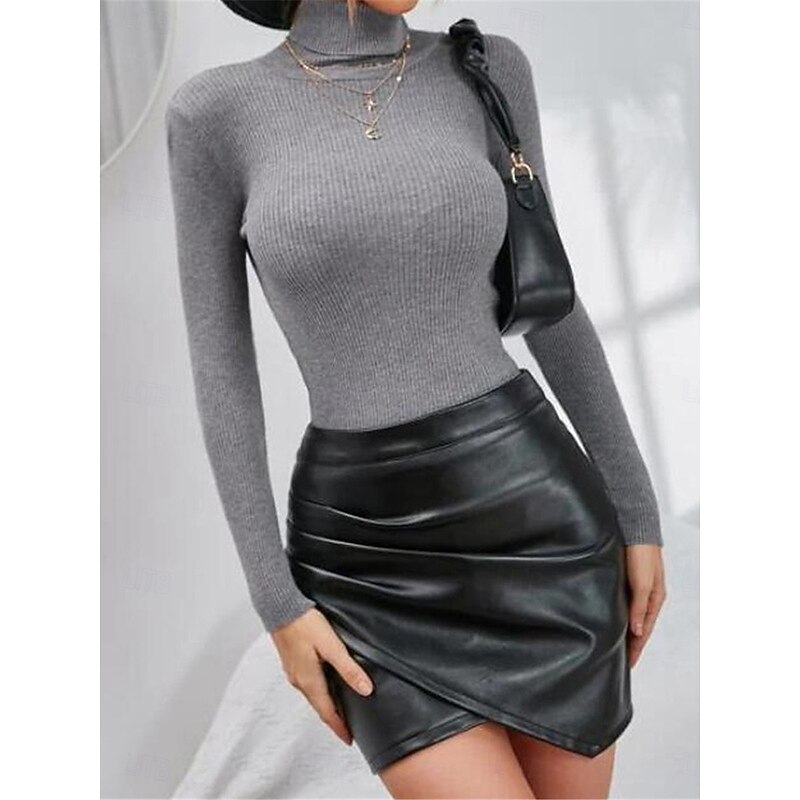 Women's T Shirt Plain Fashion Modern Casual Long Sleeve Turtleneck Regular Tops Daily Weekend Black White Pink Gray Fall Winter4