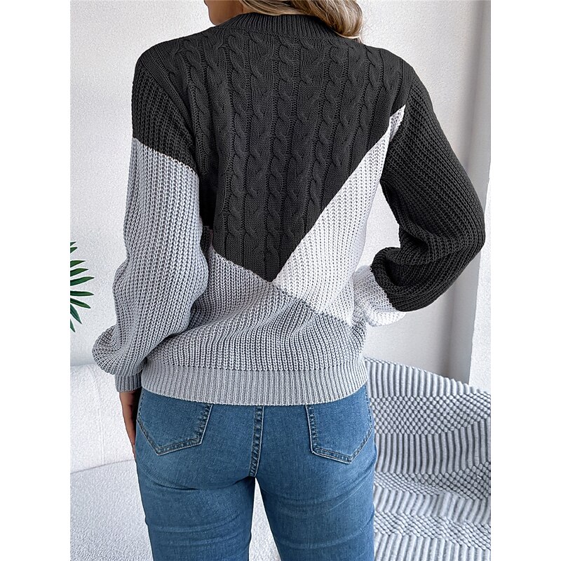 Women's Sweater Pullover Sweater Jumper Casual Soft Color Block Ribbed Crew Neck Patchwork Knitted Long Sleeve Regular Tops Knit Outdoor Daily Weekend Black Pink Fall Winter2