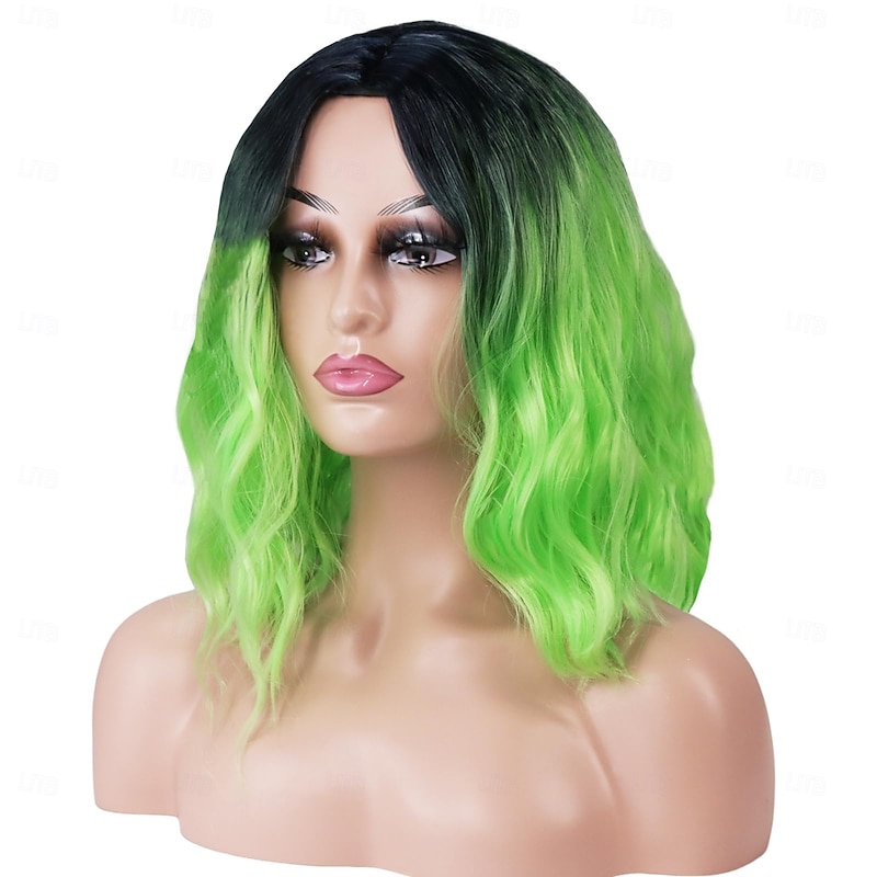 14" Ombre Green Short Bob Wavy Curly Wig, Lime Neon Green Heat Resistant Synthetic Wig for Cosplay, Shoulder Length Middle Part Wig for St Patrick's Day Daily Costume Party St.Patrick's Day Wigs2