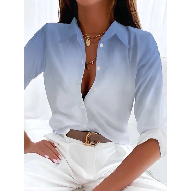 Women's Shirt Button Down Tunic Shirt Collar Long Sleeve Ombre Casual Regular Tops Work Daily s Print Blue Spring Fall Winter