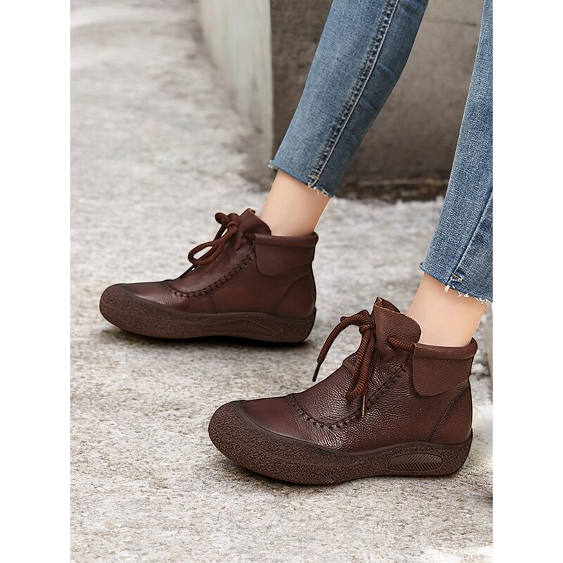 Women's Brown Faux Leather Lace-Up Ankle Boots with Vintage Stitch Detailing, Comfortable Sole for Casual Outdoor Wear4