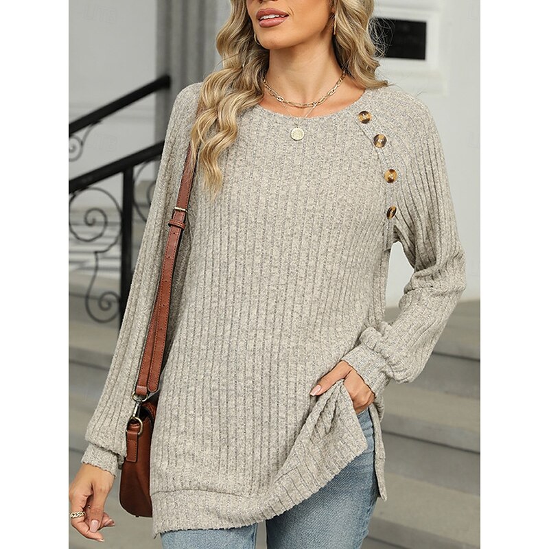 Women's T Shirt Plain Fashion Modern Casual Long Sleeve Crew Neck Regular Tops Daily Weekend Buttons Pink Blue Green Khaki Fall Winter