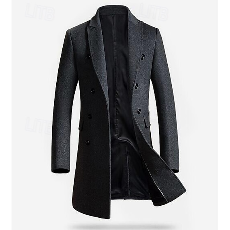 Men's Winter Coat Wool Coat Overcoat Work Street Winter Wool Windproof Warm Outerwear Clothing Apparel Solid Colored Notch lapel collar2