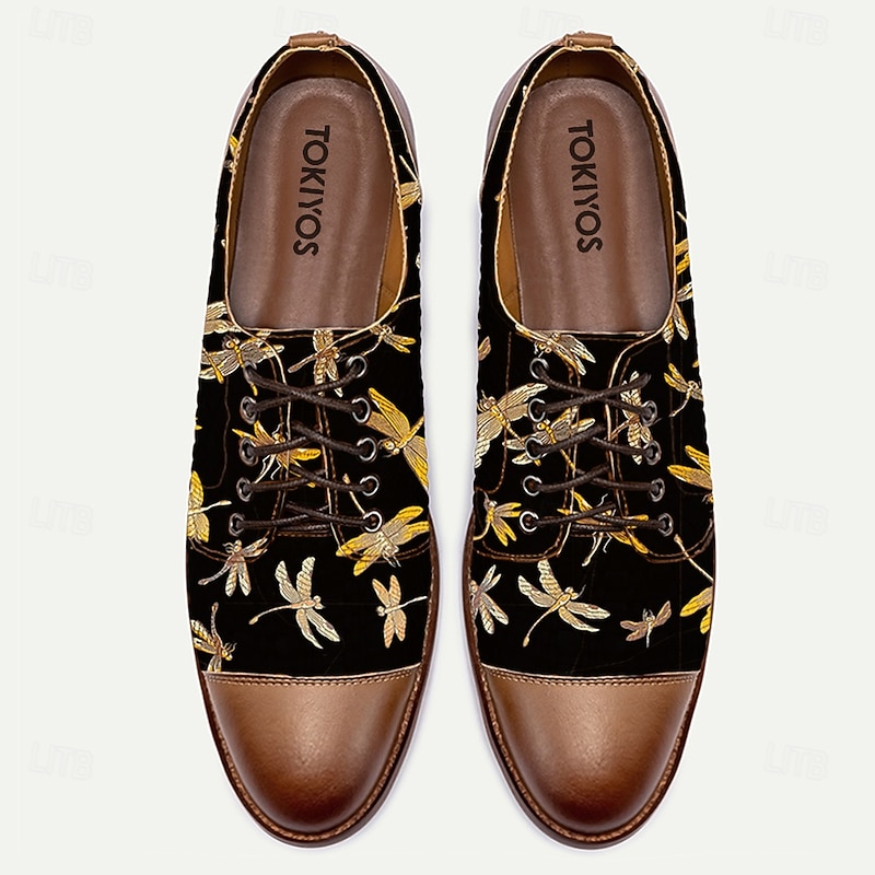 Men's Vintage Lace-Up Oxford Shoes - Black with Dragonfly Jacquard Fabric, Brown Faux Leather Toe Cap and Heel, Ideal for Casual and Retro Styles4
