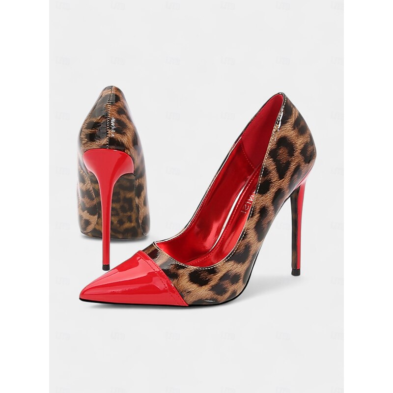 Women's Leopard Print Stiletto Heels – Red Patent Leather Pointed Toe Pumps for Parties and Night Out Events3