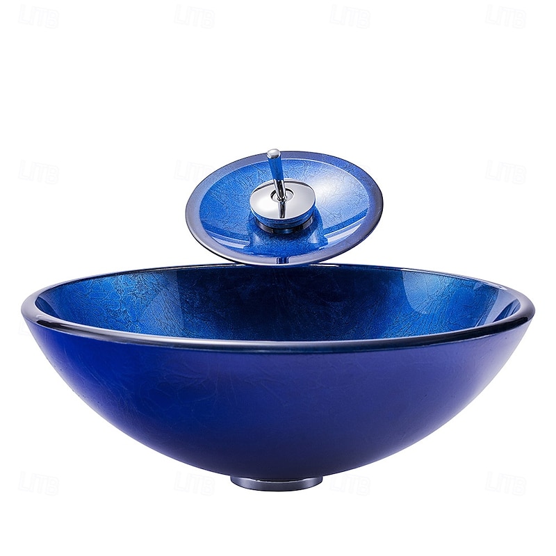 Blue Bathroom Sink Set with Matching Style Faucet Art Bathroom Tempered Glass Vessel Sink Round Wash Basin Bowl Above Counter Washbasin4