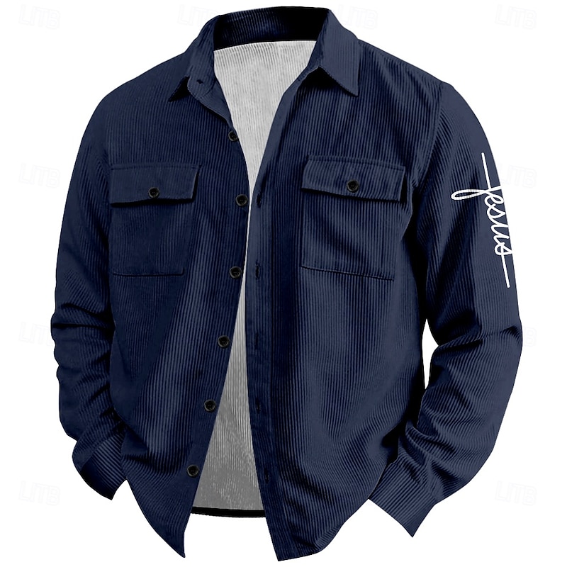 Men's Jesus Faith Corduroy Shirt Shirt Jacket Overshirt Long Sleeve Vintage Fashion Casual Outdoor Dailywear Holiday Fall & Winter Turndown Collared Shirts Buttons 3D Print 2 Pockets 1pc Black Blue3