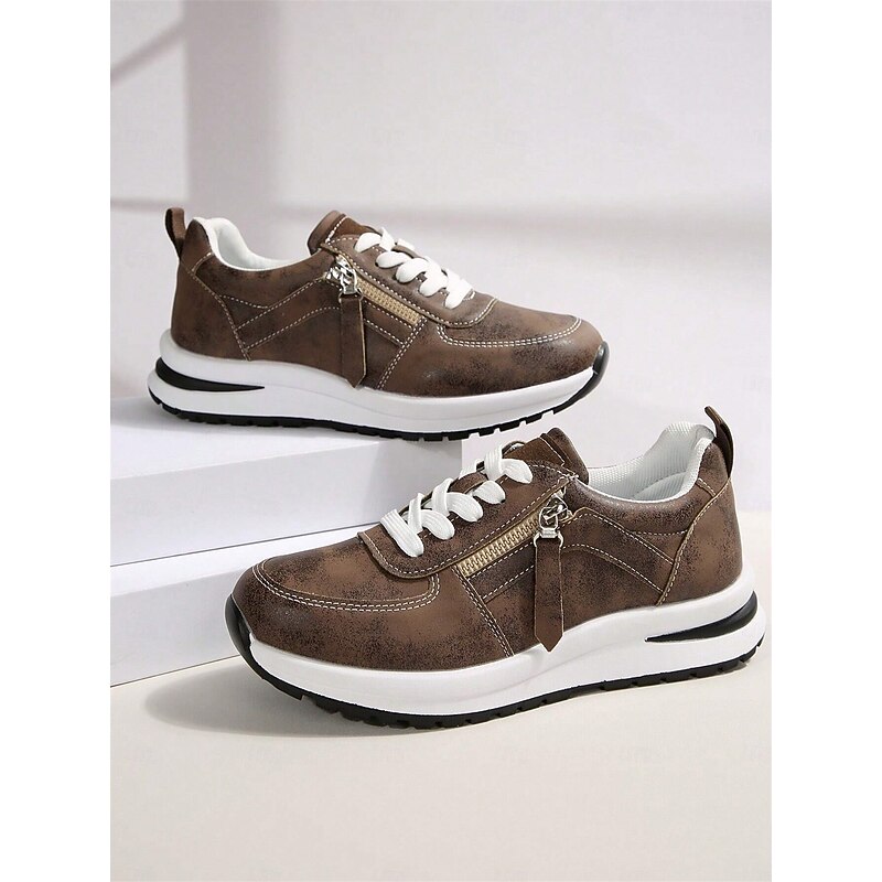 Women's Brown Faux Leather Casual Sneakers with Side Zipper – Comfortable Lace-Up Shoes for Everyday and Outdoor Wear2