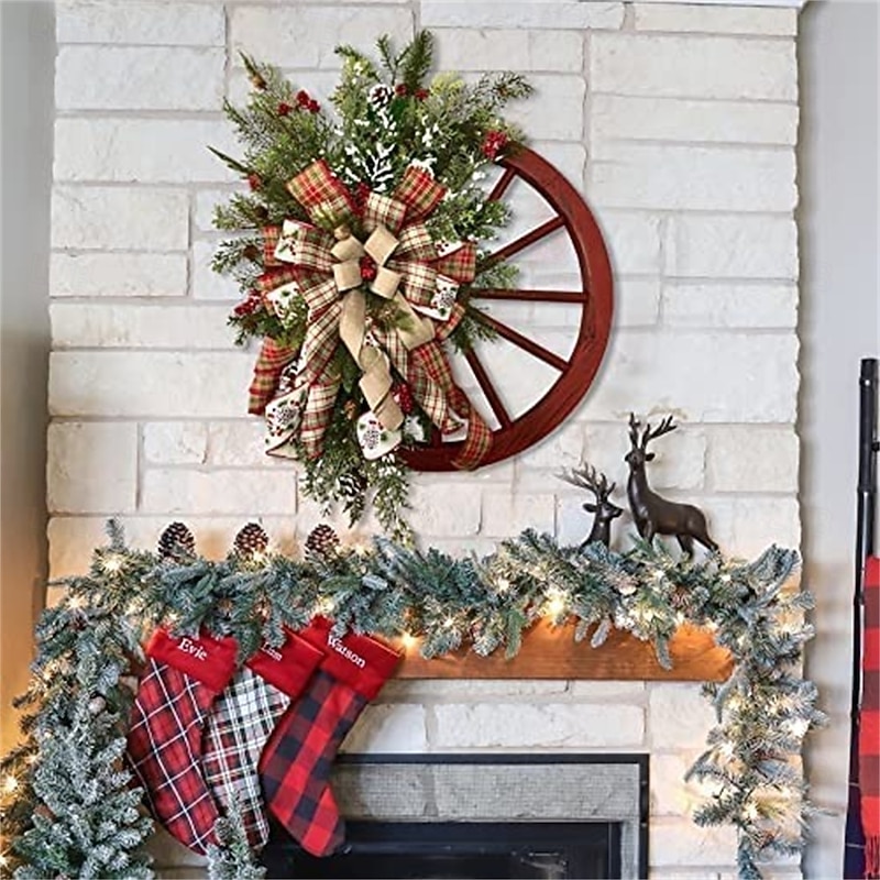 Winter Wreath-Farmhouse Wagon Wheel Red Wagon Wheel Christmas Wreath Vintage Farmhouse Wreath Design Decoration for Front Door Wall 40cm3