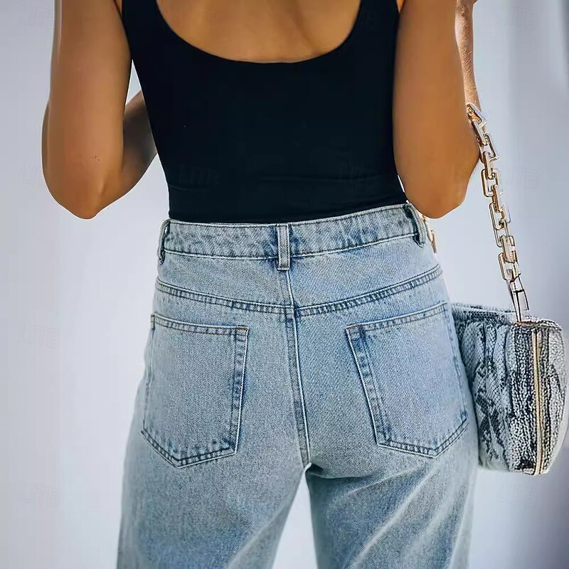 Women's Normal Jeans Bootcut Stylish Casual Daily Full Length Medium Waist Solid Color Pocket Comfy Breathable Soft Micro-elastic Office Causal Light Blue Spring &  Fall Loose Fit4