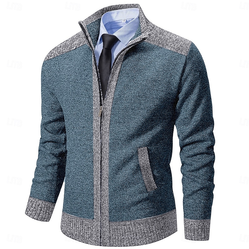 Men's Cardigan Sweater Dress Sweater Fleece Sweater Ribbed Knit Cropped Knitted Color Block Stand Collar Warm Ups Modern Contemporary Daily Wear Going out Clothing Apparel Winter Spring &  Fall Blue3