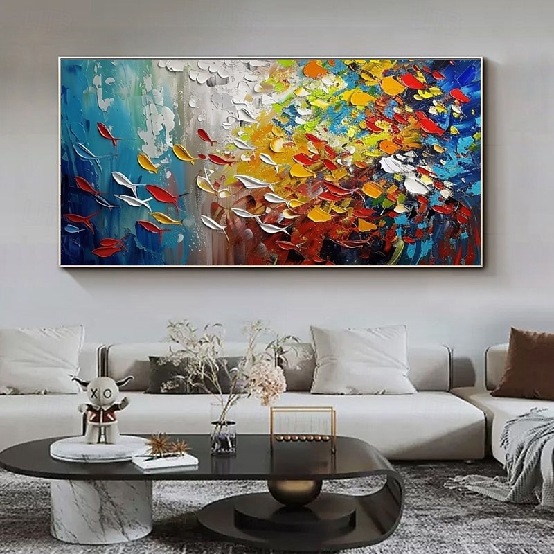 Modern Abstract Colorful Fish Wall Art Canvas Hand-painted Colorful Fish Oil Painting on Canvas Handmade Ocean Animal Artwork Modern Rolled Canvas (No Frame)2