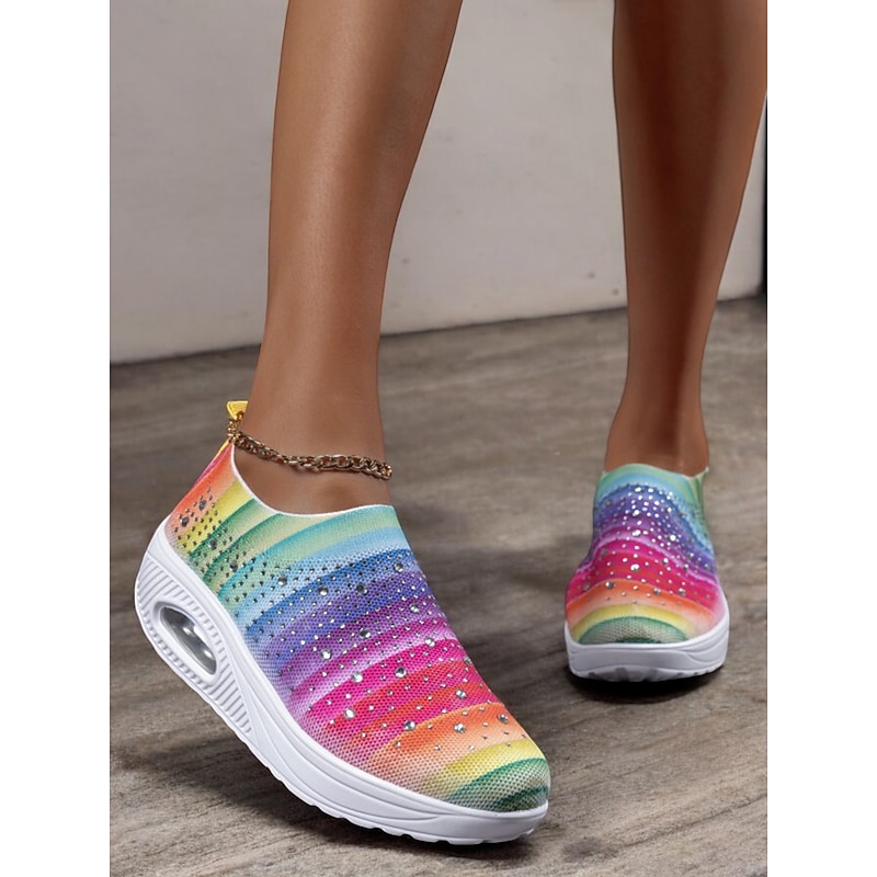 Women's Colorful Rhinestone Slip-On Sneakers – Lightweight Air Cushion Sole Shoes for Casual and Sporty Style