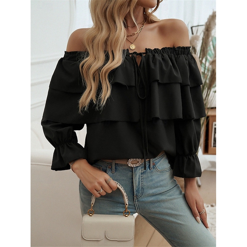 Women's Shirt Blouse Solid Color Basic Casual Long Sleeve Off Shoulder Regular Tops Daily Ruffle Backless Black White Fall