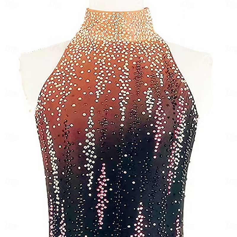 Figure Skating Dress Women's Girls' Ice Skating Dress Black Red Halo Dyeing Asymmetric Hem Mesh Spandex Stretchy Training Practice Professional Skating Wear Thermal Warm Classic Crystal / Rhinestone3