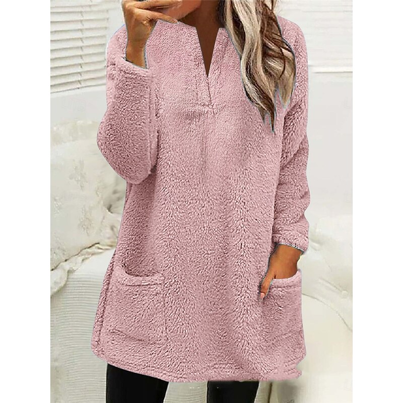 Women's Sweatshirt Casual Sherpa Plain Street Dailywear Crew Neck Pocket Long Sleeve Pink Beige Gray Fall Winter