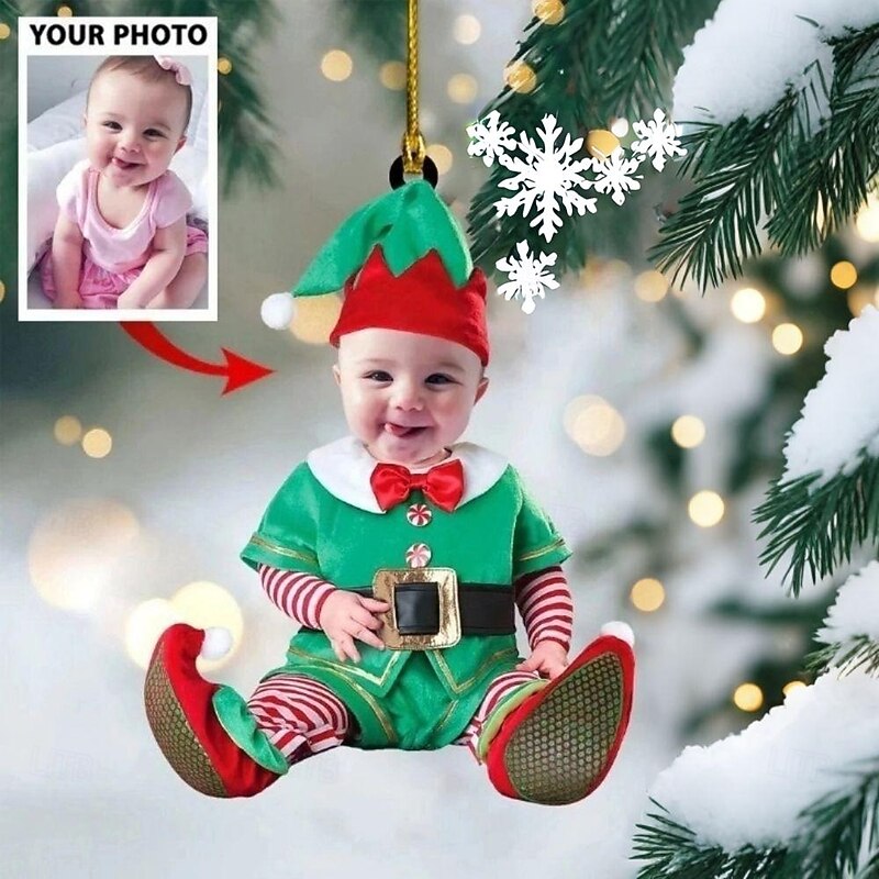 5 Packs Personalized Photo Christmas Ornaments Acrylic 2D Custom Elf Baby Face Christmas Tree Ornaments Xmas Decoration Hanging Pendant Gifts2