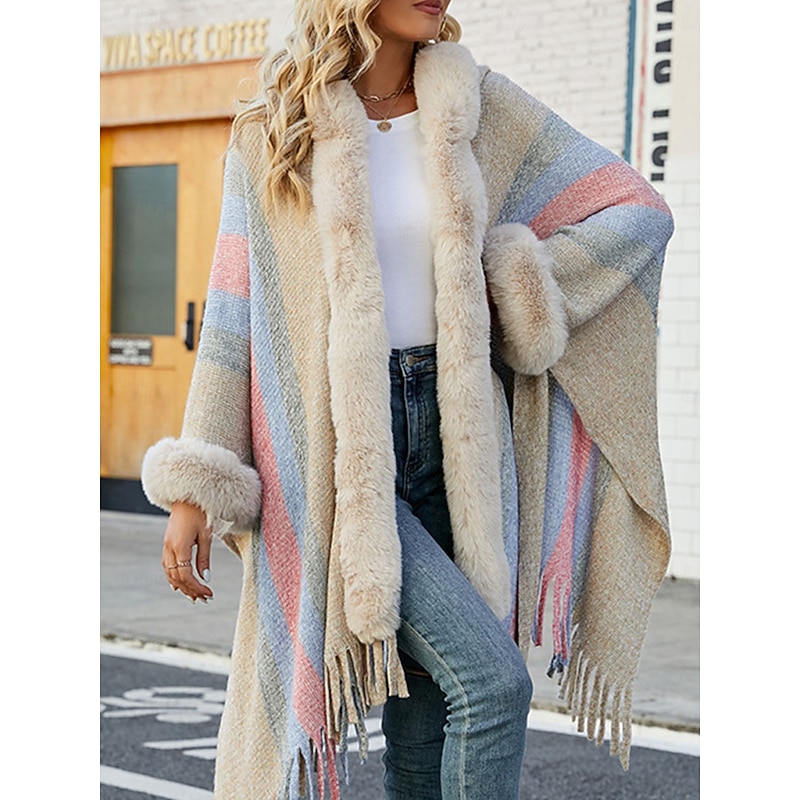 Women's Cloak / Capes Outdoor Street Daily Wear Fall Winter Regular Coat Regular Fit Thermal Warm Breathable Stylish Casual Jacket Long Sleeve Stripe Faux Fur Trim Khaki Apricot Gray