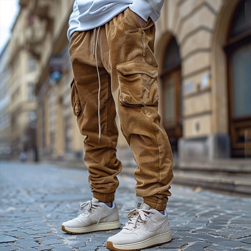Men's Cargo Pants Corduroy Pants Trousers Casual Pants Jogger Pants Drawstring Elastic Waist Multi Pocket Plain Comfort Warm Full Length Outdoor Casual Daily Fashion Streetwear Black Blue