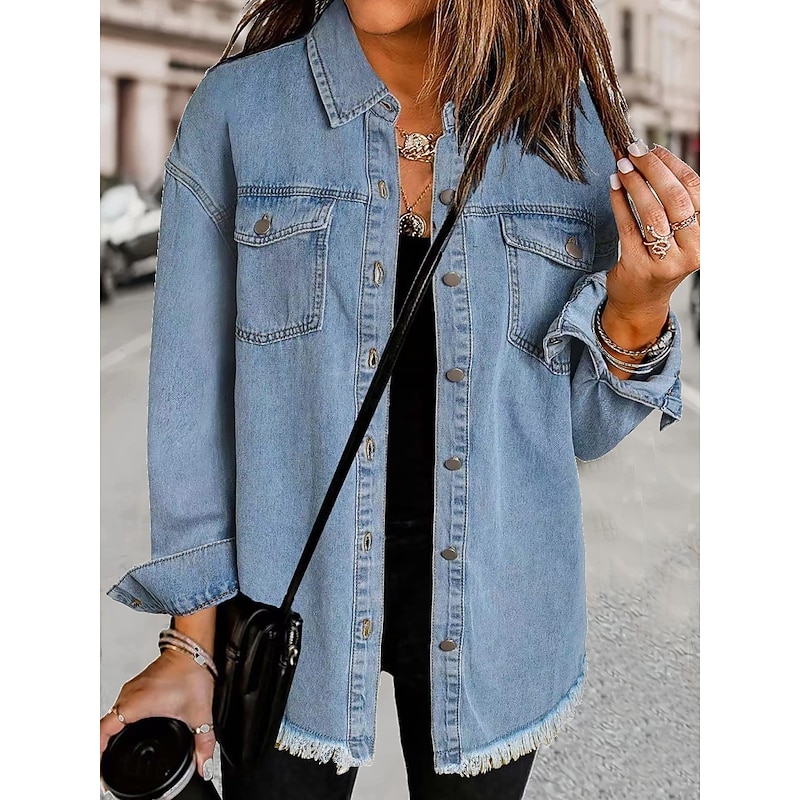 Women's Denim Jacket Outdoor Adjustable Plain Casual / Daily Stylish Regular Fit Outerwear Long Sleeve Fall Blue S
