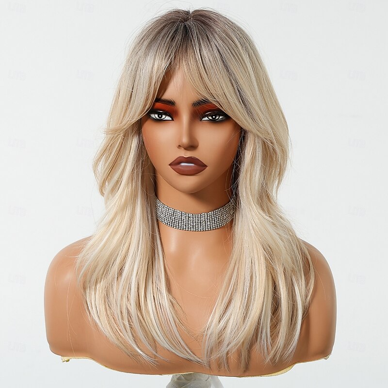 Synthetic Wig Uniforms Career Costumes Princess Straight kinky Straight Middle Part Layered Haircut Machine Made Wig 22 inch Black / Gold Synthetic Hair Women's Cosplay Party Fashion Blonde2