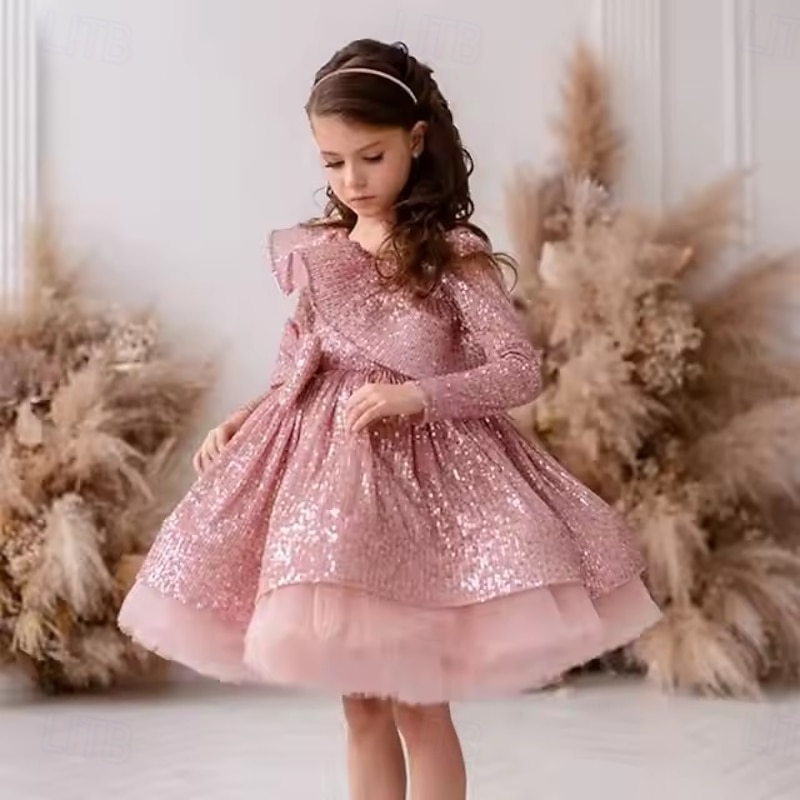 Kids Girls' Party Dress Solid Color Long Sleeve Performance Wedding Party Mesh Princess Sweet Mesh Mid-Calf Sheath Dress Tulle Dress Summer Spring Fall kids Pink