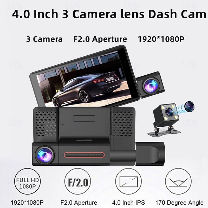 HD Car Dash Camera 3 Cameras 4 Inch LCD Backlit Display 360 Degree Rotatable 170 Degree Wide Angle Night Vision Auto Storage 1080P Car DVR