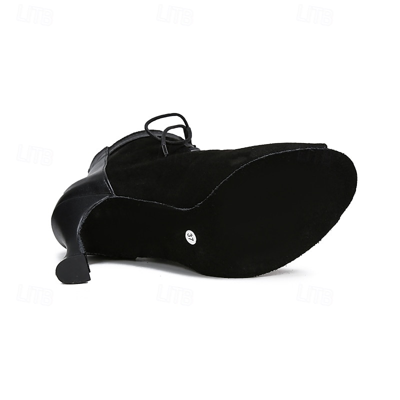 Women's Dance Boots Professional Ballroom Dance Fashion Boots Fur Lined Lace Up Party / Evening Stylish Lace-up Splicing Vintage Cuban Heel Peep Toe Zipper Lace-up Adults' Black4