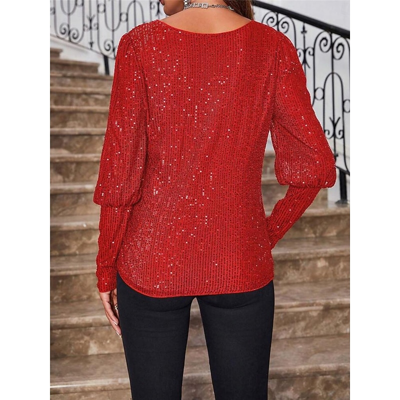 Women's Shirt Blouse Basic Casual Sequins Long Sleeve Regular Tops Crew Neck Daily Red Fuchsia Fall Winter3