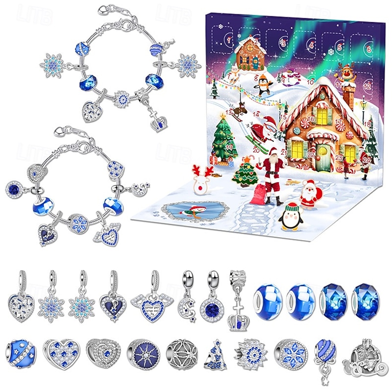 Christmas Advent Calendar Bracelets 2025 for Girls 24 Days Xmas Countdown Calendar DIY Jewelry Making Kit Gift 22 Charm Beads 2 Bracelets for Kids Teens Women2