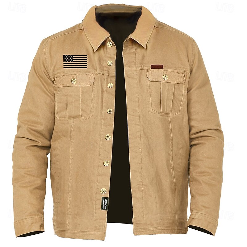 Men's American US Flag Patriotic Work Shirt Western Shirt Cargo Shirt Long Sleeve Vintage Casual Tactical Sports & Outdoor Going out Winter Spring &  Fall Turndown Print Army Green Khaki2