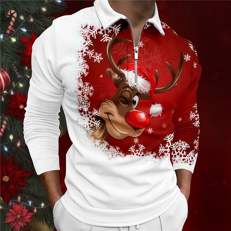 Christmas Men's Christmas animal 3D Zipper Polo Elk Casual Print 3D Zip Golf Outdoor Casual Daily Streetwear Polyester Long Sleeve Turndown Zip Shirts Wine Fall & Winter S M L Lapel Polo