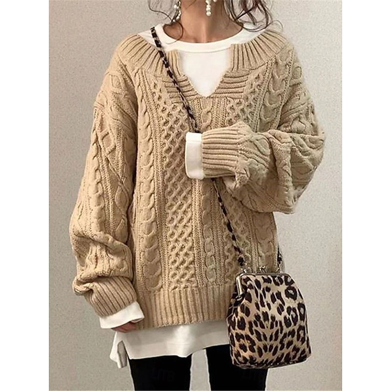 Women's Sweater Pullover Sweater Jumper Casual Soft Pure Color Cable V Neck Knitted Long Sleeve Long Tops Knit Outdoor Daily Weekend White Pink Fall Winter